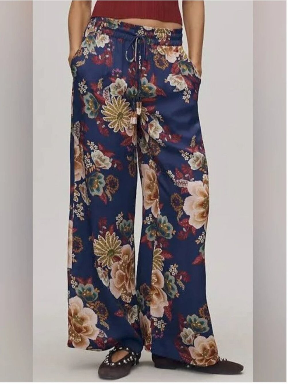 Farm Rio NWT Floral Wide Leg Side pockets silky Pants size S
